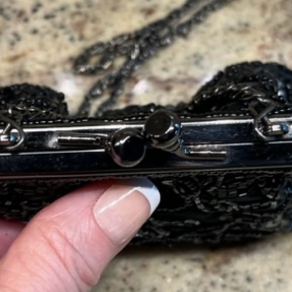 Mini-Purse: Black and Silver Beads, Black Sequins, & Gunmetal Gray Chain Strap - Picture 14 of 15